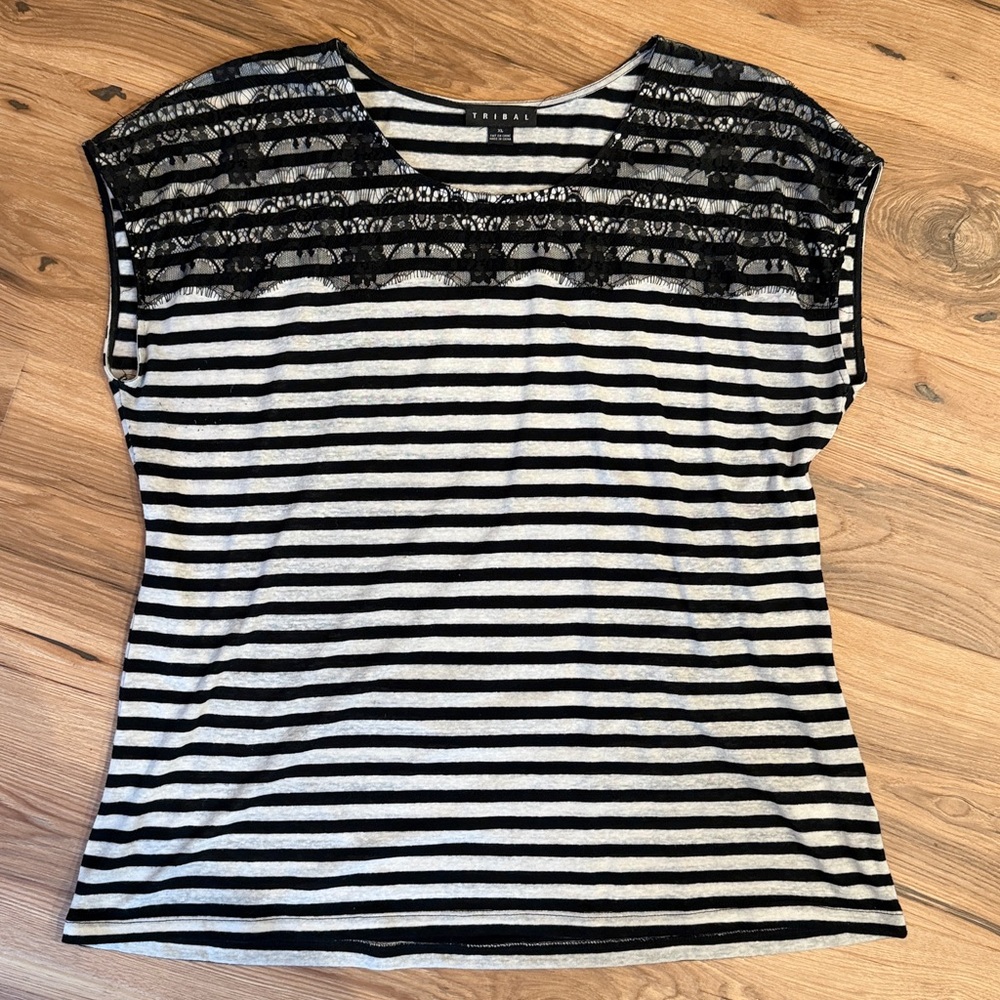 Tribal Black and Gray Striped Top with Lace Detail